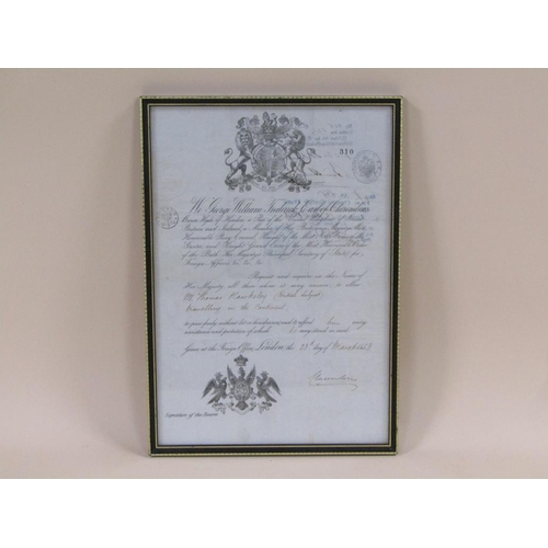 40 - A framed and glazed copy of Thomas Hawksley's passport, dated London 23rd March 1853.