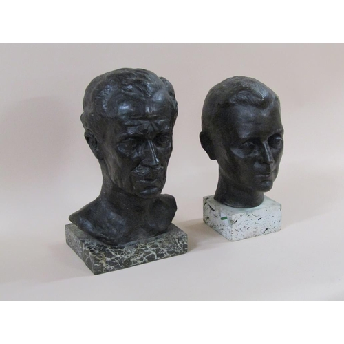 54 - Two hollow cast bronze busts of male heads, both signed indistinctly, 35cm & 40cm h.