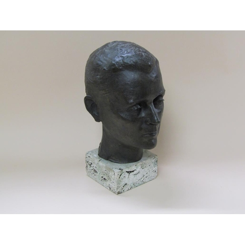 54 - Two hollow cast bronze busts of male heads, both signed indistinctly, 35cm & 40cm h.