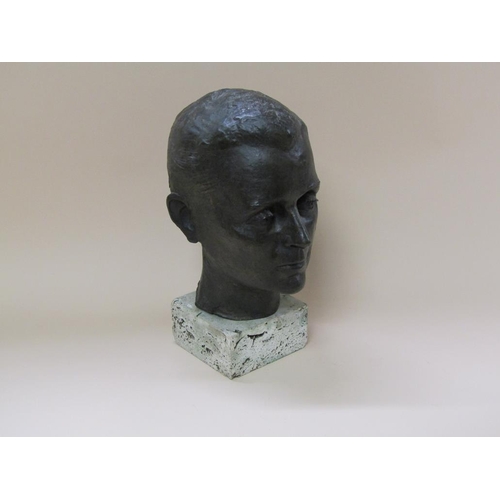 54 - Two hollow cast bronze busts of male heads, both signed indistinctly, 35cm & 40cm h.