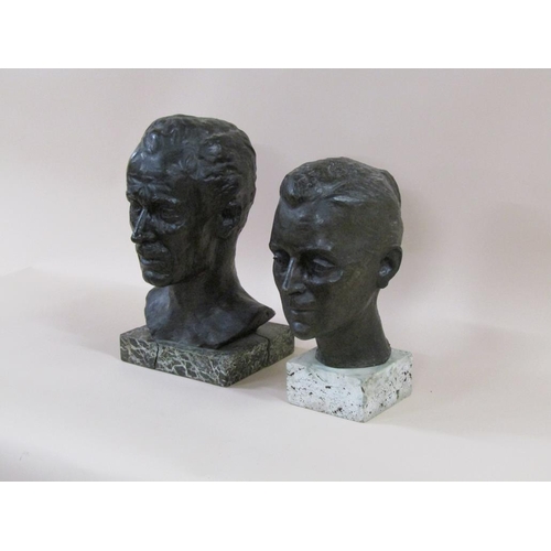 54 - Two hollow cast bronze busts of male heads, both signed indistinctly, 35cm & 40cm h.