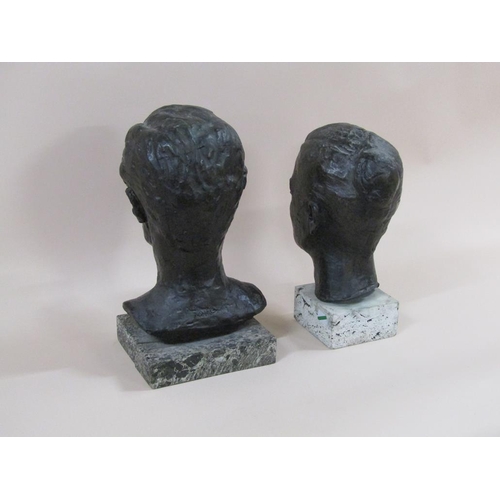 54 - Two hollow cast bronze busts of male heads, both signed indistinctly, 35cm & 40cm h.