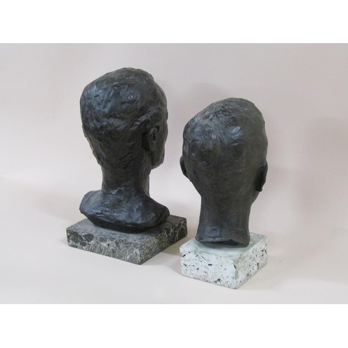 54 - Two hollow cast bronze busts of male heads, both signed indistinctly, 35cm & 40cm h.