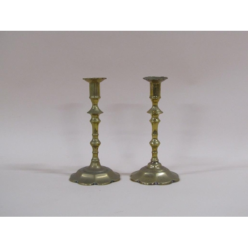 42 - A pair of 18c brass petal based double knop candlesticks, 24cm h.