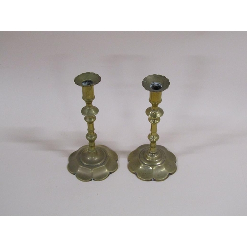 42 - A pair of 18c brass petal based double knop candlesticks, 24cm h.