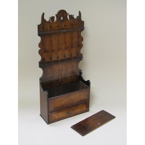 56 - A 19c Welsh wall hanging spoon rack with base drawer and candle box, 72cm h.