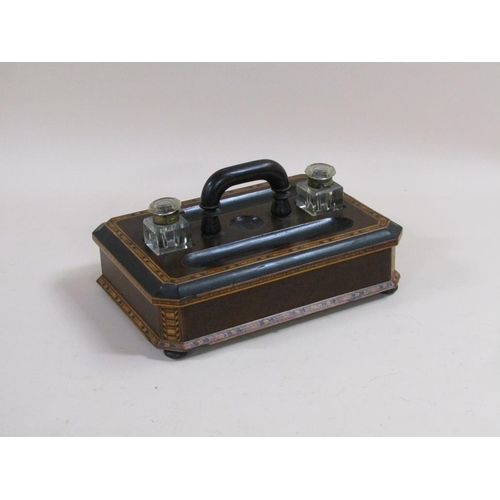 58 - A late Victorian walnut ebonised and Tunbridge banded two bottle inkstand with pull out frieze drawe... 