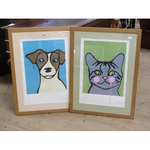 1030 - TWO LIMITED EDITION F/G CARTOON PRINTS, ONE OF A CAT, ONE OF A DOG, SIGNED INDISTINCTLY BY THE ARTIS... 