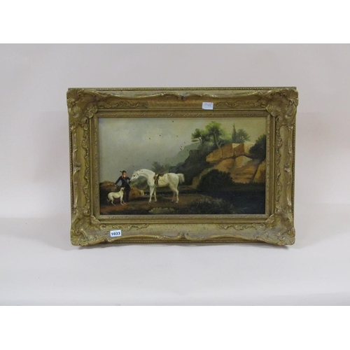 1033 - UNSIGNED 19c THE WHITE HORSE WITH RIDER AND DOG IN ROCKY LANDSCAPE OIL ON CANVAS FRAMED 29 x 49 cms