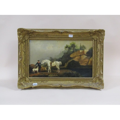 1033 - UNSIGNED 19c THE WHITE HORSE WITH RIDER AND DOG IN ROCKY LANDSCAPE OIL ON CANVAS FRAMED 29 x 49 cms