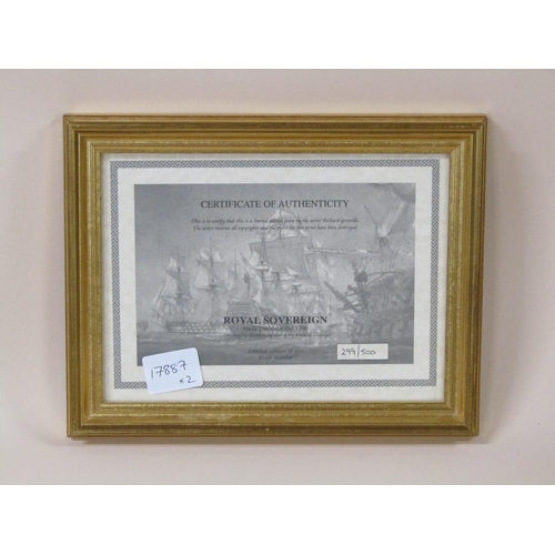 1034 - RICHARD GRENBILLE FRAMED MARITIME PRINT, ROYAL SOVEREIGN FIRST THROUGH THE LINE, SIGNED IN PENCIL LI... 