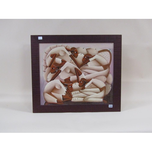 1038 - CASIMIR A CONTEMPORARY OIL ON BOARD - TANGLE OF PEOPLE.  FRAMED 50 x 60 cms