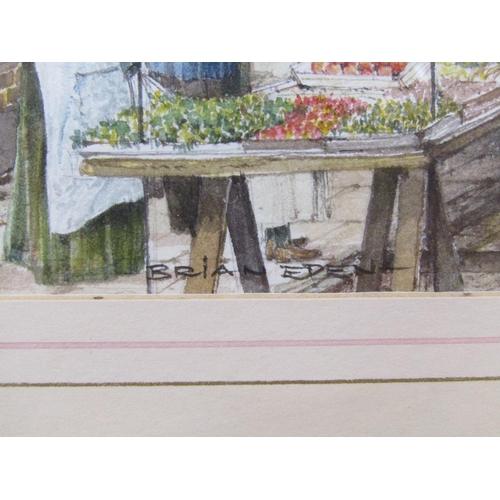 1041 - BRIAN EDEN, A PAIR STREET MARKET WATERLOO BRIDGE AND CHRISP STREET MARKET, LONDON - WATERCOLOURS F/G... 