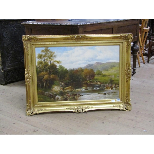 1042 - W H MANDER, TWO FIGURES FISHING IN A ROCKY RIVER WITH DISTANT HILLS, SIGNED OIL ON CANVAS FRAMED 50 ... 