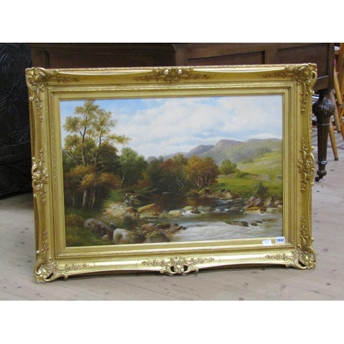 1042 - W H MANDER, TWO FIGURES FISHING IN A ROCKY RIVER WITH DISTANT HILLS, SIGNED OIL ON CANVAS FRAMED 50 ... 