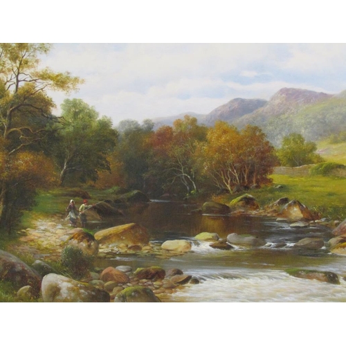 1042 - W H MANDER, TWO FIGURES FISHING IN A ROCKY RIVER WITH DISTANT HILLS, SIGNED OIL ON CANVAS FRAMED 50 ... 