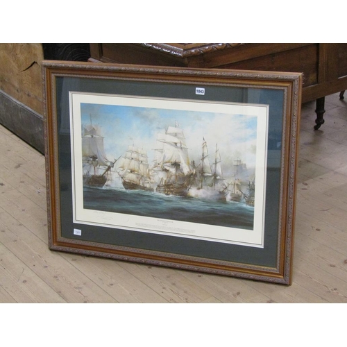 1043 - ROBERT TAYLOR, A COLOURED ARTIST PROOF PRINT, THE BATTLE OF TRAFALGAR, F/G 49 x 73 cms