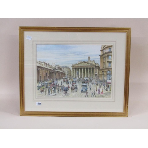 1044 - BRIAN EDEN - THE BANK OF ENGLAND AND THE ROYAL EXCHANGE, SIGNED WATERCOLOUR F/G 34 x 48 cms