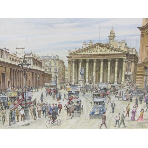 1044 - BRIAN EDEN - THE BANK OF ENGLAND AND THE ROYAL EXCHANGE, SIGNED WATERCOLOUR F/G 34 x 48 cms