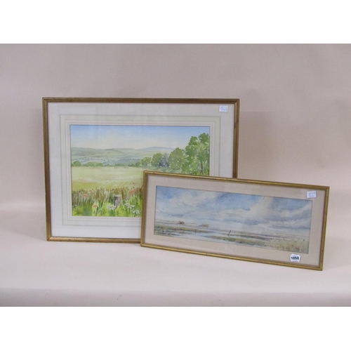 1050 - SIGNED INDISTINCTLY, EAST ANGLIAN COASTAL SCENE WATERCOLOUR 19 x 57 cms TOGETHER WITH A SUMMER LANDS... 