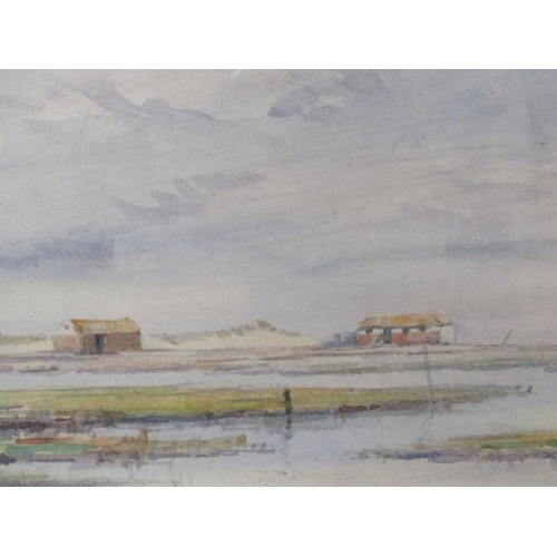 1050 - SIGNED INDISTINCTLY, EAST ANGLIAN COASTAL SCENE WATERCOLOUR 19 x 57 cms TOGETHER WITH A SUMMER LANDS... 