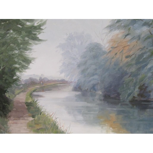 1078 - OLIVE WALKER - A BEND IN THE CANAL, SIGNED IN MONO, OIL ON CANVAS, FRAMED, 54CM X 75CM