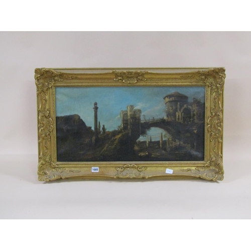 1085 - UNSIGNED 19C - BRIDGE TO FORTIFIED CASTLE, OIL ON CANVAS, FRAMED, 35CM X 68CM