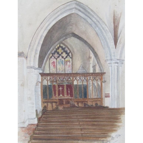 1086 - F/G WATERCOLOUR - GLOUCESTER CATHEDRAL, 14CM X 10CM; WATERCOLOUR OF CHURCH INTERIOR