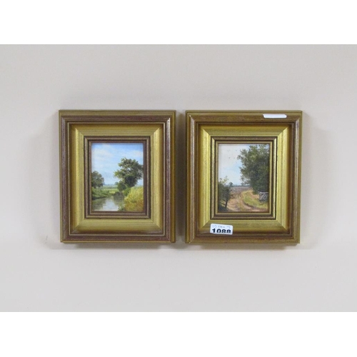 1088 - JOY CODD - PAIR, F/G MINIATURE OIL ON BOARD, AUTMUN PLOUGHING & RIVERSCAPE, EACH APPROX. 10CM X 7CM