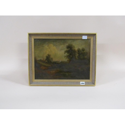 1092 - SIGNED INDISTINCTLY 19C - LANDSCAPE WITH TWO FIGURES IN THE FOREGROUND, F/G, 28CM X 38CM