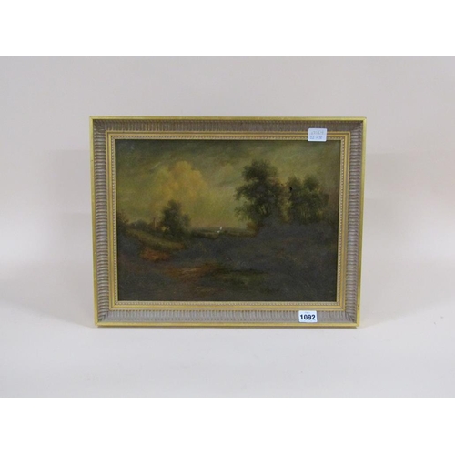 1092 - SIGNED INDISTINCTLY 19C - LANDSCAPE WITH TWO FIGURES IN THE FOREGROUND, F/G, 28CM X 38CM