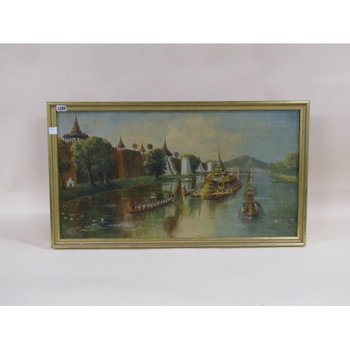 1099 - R GOFF? - ORIENTAL RIVER PROCESSION, OIL ON CANVAS, SIGNED, FRAMED, 42CM X 78CM