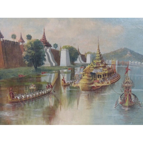 1099 - R GOFF? - ORIENTAL RIVER PROCESSION, OIL ON CANVAS, SIGNED, FRAMED, 42CM X 78CM