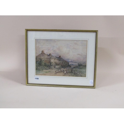 1102 - F W HATTERSLEY - SHEPHERD WITH HIS FLOCK PASSING A COTTAGE,SIGNED WATERCOLOUR, F/G, 25CM X 34CM