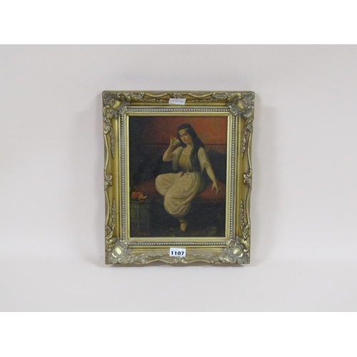 1107 - D MARKS - PORTRAIT OF A LADY SEATED ON A CHAISE, SIGNED OIL ON BOARD, FRAMED, 24CM X 19CM