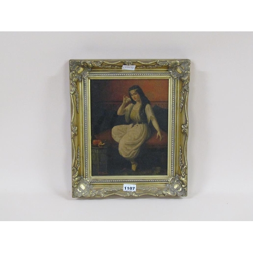 1107 - D MARKS - PORTRAIT OF A LADY SEATED ON A CHAISE, SIGNED OIL ON BOARD, FRAMED, 24CM X 19CM