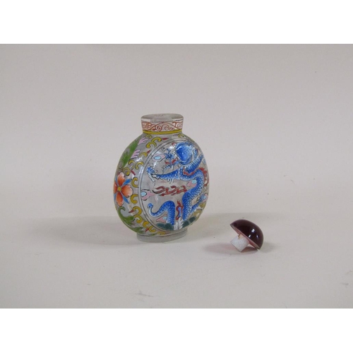 1341 - ORIENTAL GLASS DECORATED SCENT BOTTLE AND STOPPER