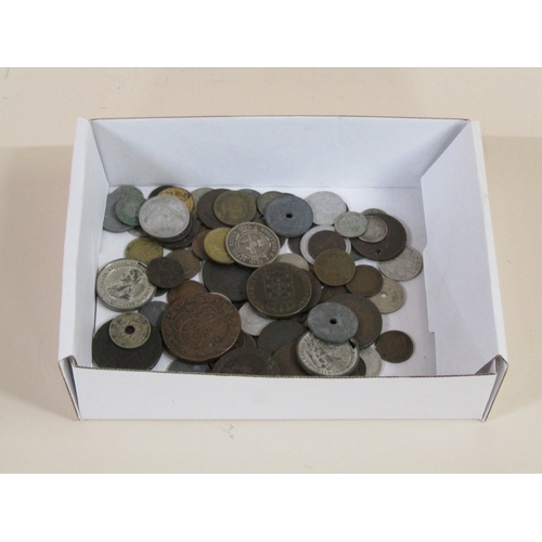 1307 - BOX OF COPPER AND OTHER MIXED COINS TO INC. 1782 RUSSIAN 5 KOPEK, 1797 GEORGE III CARTWHEEL TUPPENCE... 