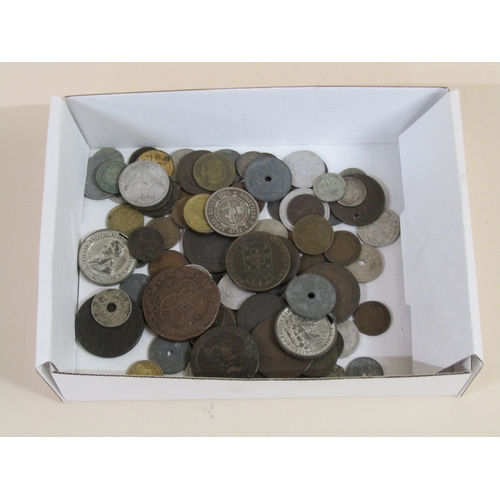 1307 - BOX OF COPPER AND OTHER MIXED COINS TO INC. 1782 RUSSIAN 5 KOPEK, 1797 GEORGE III CARTWHEEL TUPPENCE... 