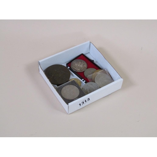 1313 - BOX OF MIXED COINS TO INC. GILDED BRONZE 5 MILLION MARK, ART DECO ITALIAN MEDALLION, 1890 SILVER CRO... 