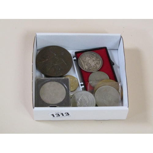 1313 - BOX OF MIXED COINS TO INC. GILDED BRONZE 5 MILLION MARK, ART DECO ITALIAN MEDALLION, 1890 SILVER CRO... 