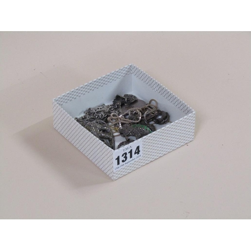 1314 - BOX OF SILVER AND OTHER WHITE METAL JEWELLERY TO INC. BROOCHES, NECKLACES ETC.