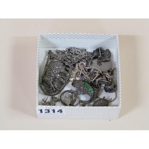 1314 - BOX OF SILVER AND OTHER WHITE METAL JEWELLERY TO INC. BROOCHES, NECKLACES ETC.