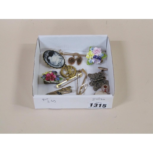 1315 - BOX OF MIXED COSTUME JEWELLERY TO INC. CAMEO BROOCH, FLORAL BROOCH, 9ct GOLD OPAL BAR BROOCH, 9ct GO... 