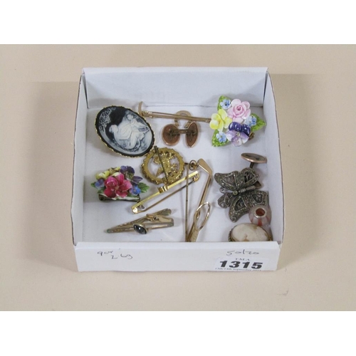 1315 - BOX OF MIXED COSTUME JEWELLERY TO INC. CAMEO BROOCH, FLORAL BROOCH, 9ct GOLD OPAL BAR BROOCH, 9ct GO... 