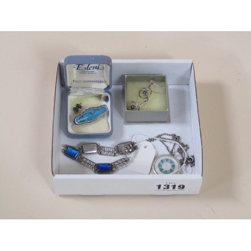 1319 - SILVER AND ENAMEL PENDANT LOCKET AND CHAIN, SILVER STONE SET BROOCH, PLUS TWO PAIRS OF EARRINGS AND ... 