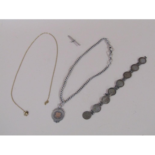 1320 - SILVER ALBERT CHAIN WITH SILVER MEDAL AND SILVER COIN BRACELET ETC