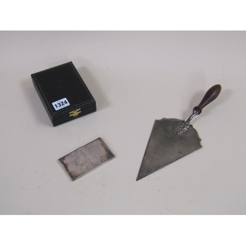 1324 - SILVER PLATED COMMEMORATIVE TROWEL, SILVER PLATE CARD CASE AND A BOX OF BUCKS COUNTY COUNCIL BADGES