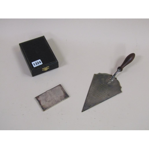 1324 - SILVER PLATED COMMEMORATIVE TROWEL, SILVER PLATE CARD CASE AND A BOX OF BUCKS COUNTY COUNCIL BADGES