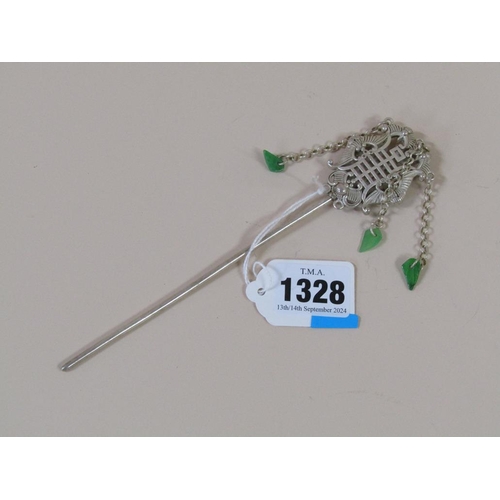 1328 - WHITE METAL ORIENTAL STYLE HAIRPIN